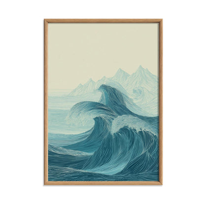 Ocean Waves Poster Print, Teal Line Art Seascape, Coastal Wall Art