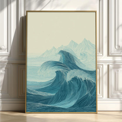 Ocean Waves Poster Print, Teal Line Art Seascape, Coastal Wall Art