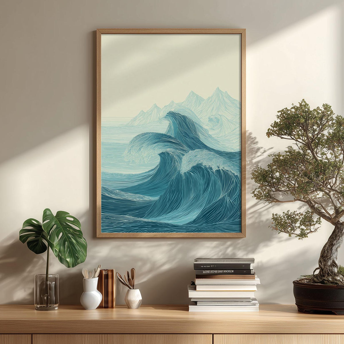 Ocean Waves Poster Print, Teal Line Art Seascape, Coastal Wall Art
