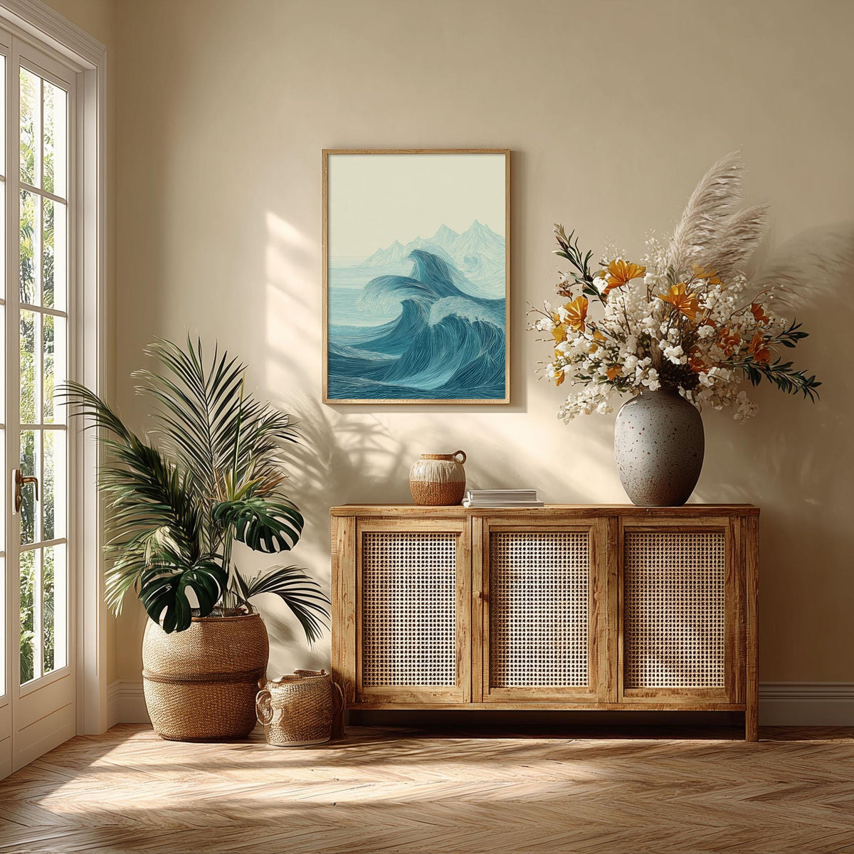 Ocean Waves Poster Print, Teal Line Art Seascape, Coastal Wall Art