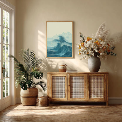 Ocean Waves Poster Print, Teal Line Art Seascape, Coastal Wall Art