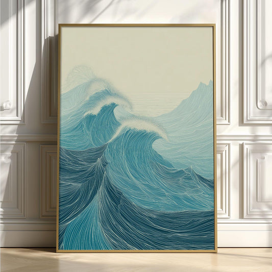 Ocean Waves Poster Print, Teal Line Art Seascape, Coastal Wall Art