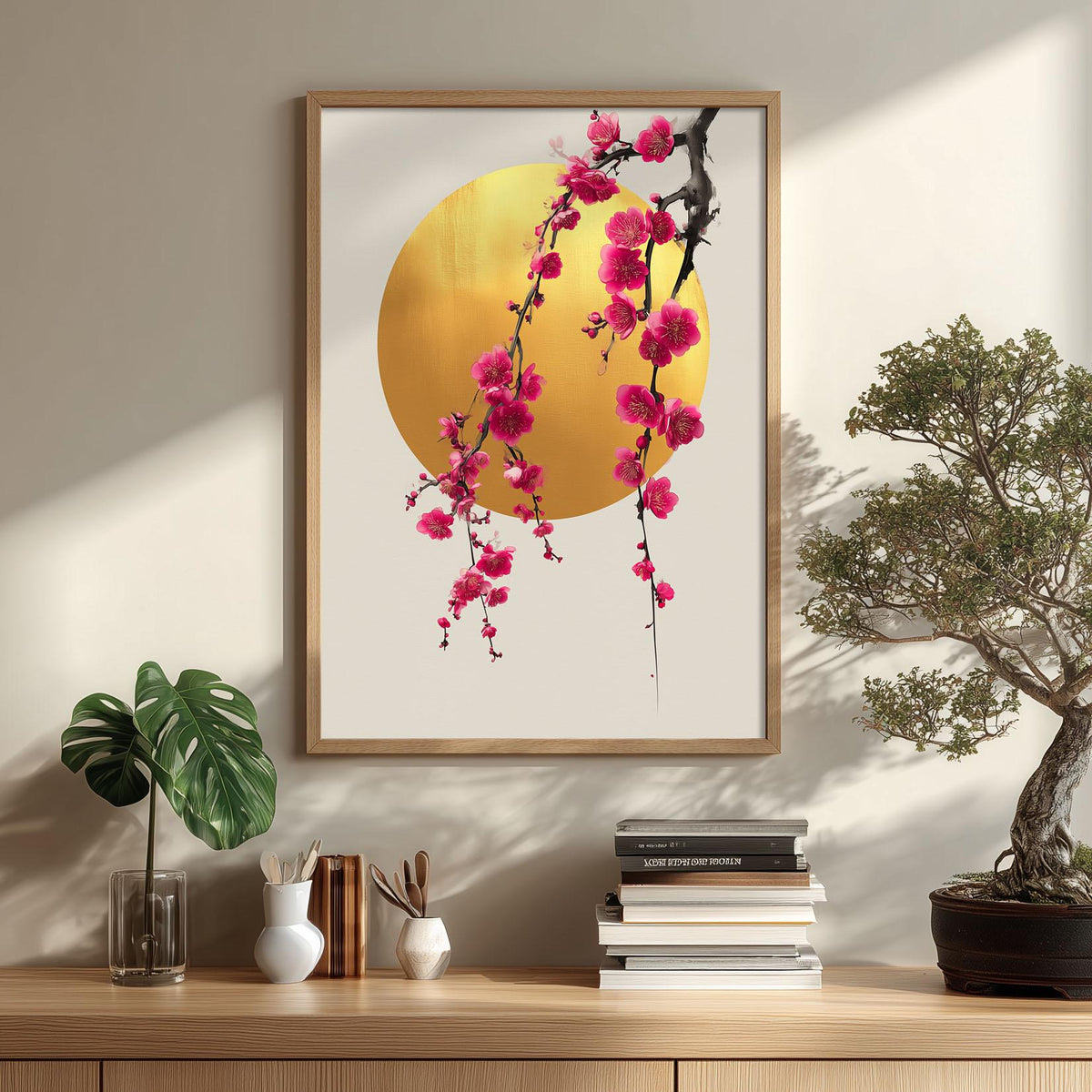 Cherry Blossom Art print - Gold Sun Minimalist Wall Decor - Japanese Floral Poster