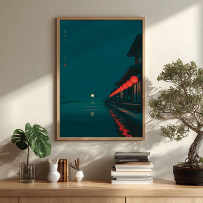 Japanese Lantern Wall Art Print, Ukiyo-e Night Canal, Teal Moon Decor