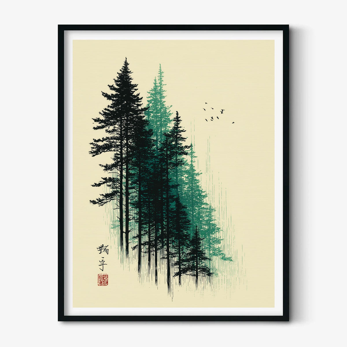 Forest Poster, Green Woodblock Trees, Japanese Wall Art