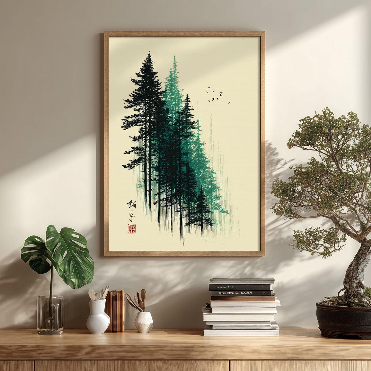 Forest Poster, Green Woodblock Trees, Japanese Wall Art