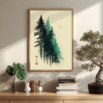 Forest Poster, Green Woodblock Trees, Japanese Wall Art