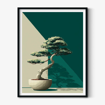 Bonsai Tree Art Print, Modern Japanese Minimalist Style, Teal Geometric Wall Art