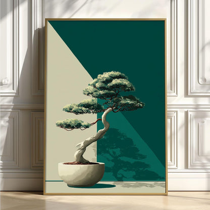 Bonsai Tree Art Print, Modern Japanese Minimalist Style, Teal Geometric Wall Art