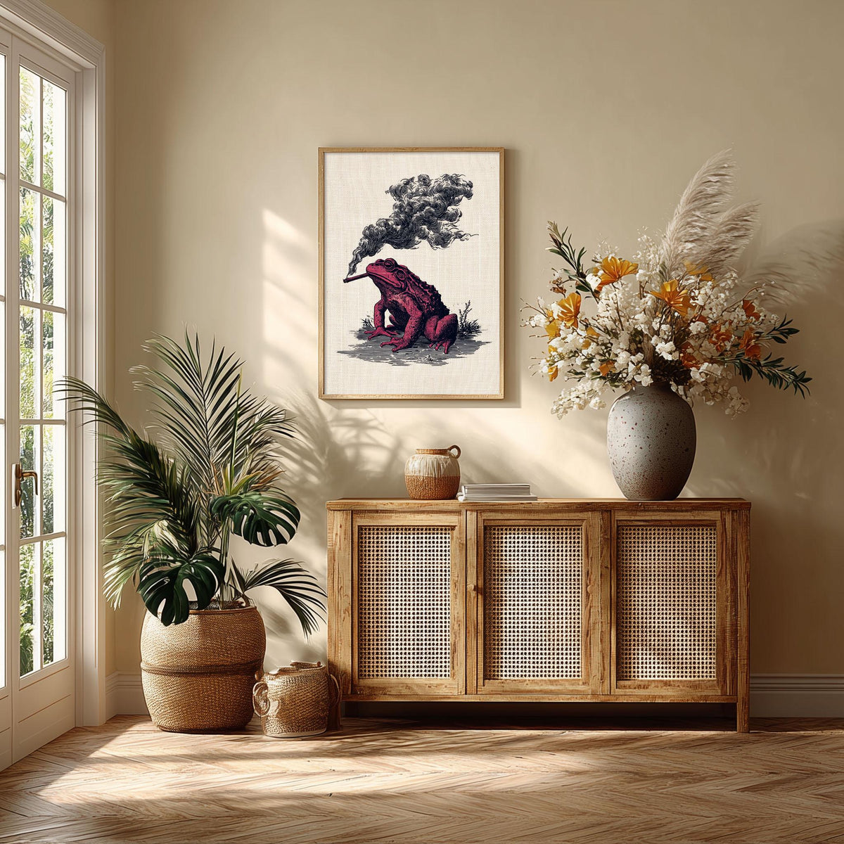 Smoking Frog Print – Vintage Engraving Poster | Dark Red Gothic Wall Art