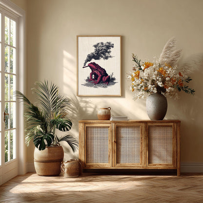 Smoking Frog Print – Vintage Engraving Poster | Dark Red Gothic Wall Art