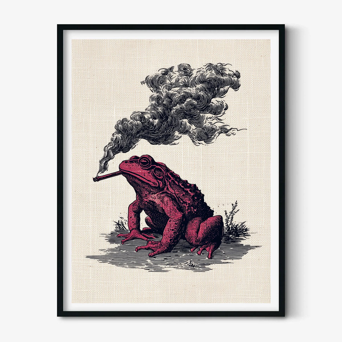 Smoking Frog Print – Vintage Engraving Poster | Dark Red Gothic Wall Art