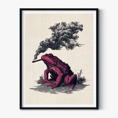 Smoking Frog Print – Vintage Engraving Poster | Dark Red Gothic Wall Art
