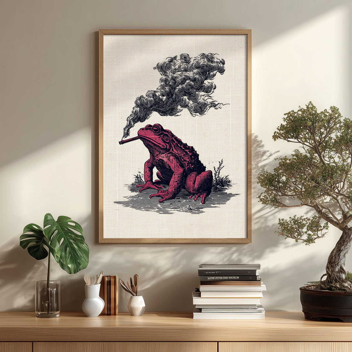 Smoking Frog Print – Vintage Engraving Poster | Dark Red Gothic Wall Art