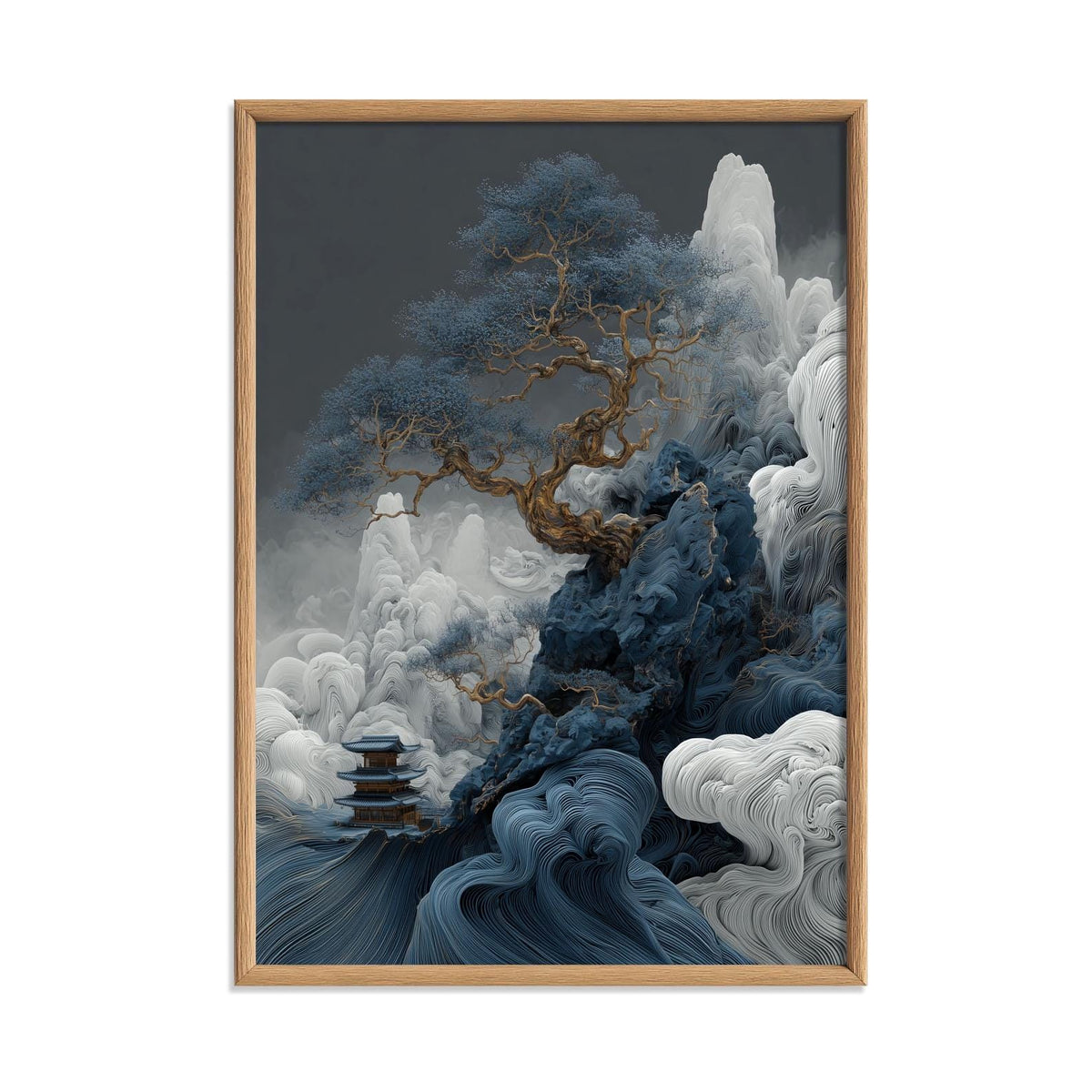 Chinese Landscape Art Print, Blue Mountain Tree, Dramatic Wall Art