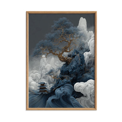 Chinese Landscape Art Print, Blue Mountain Tree, Dramatic Wall Art