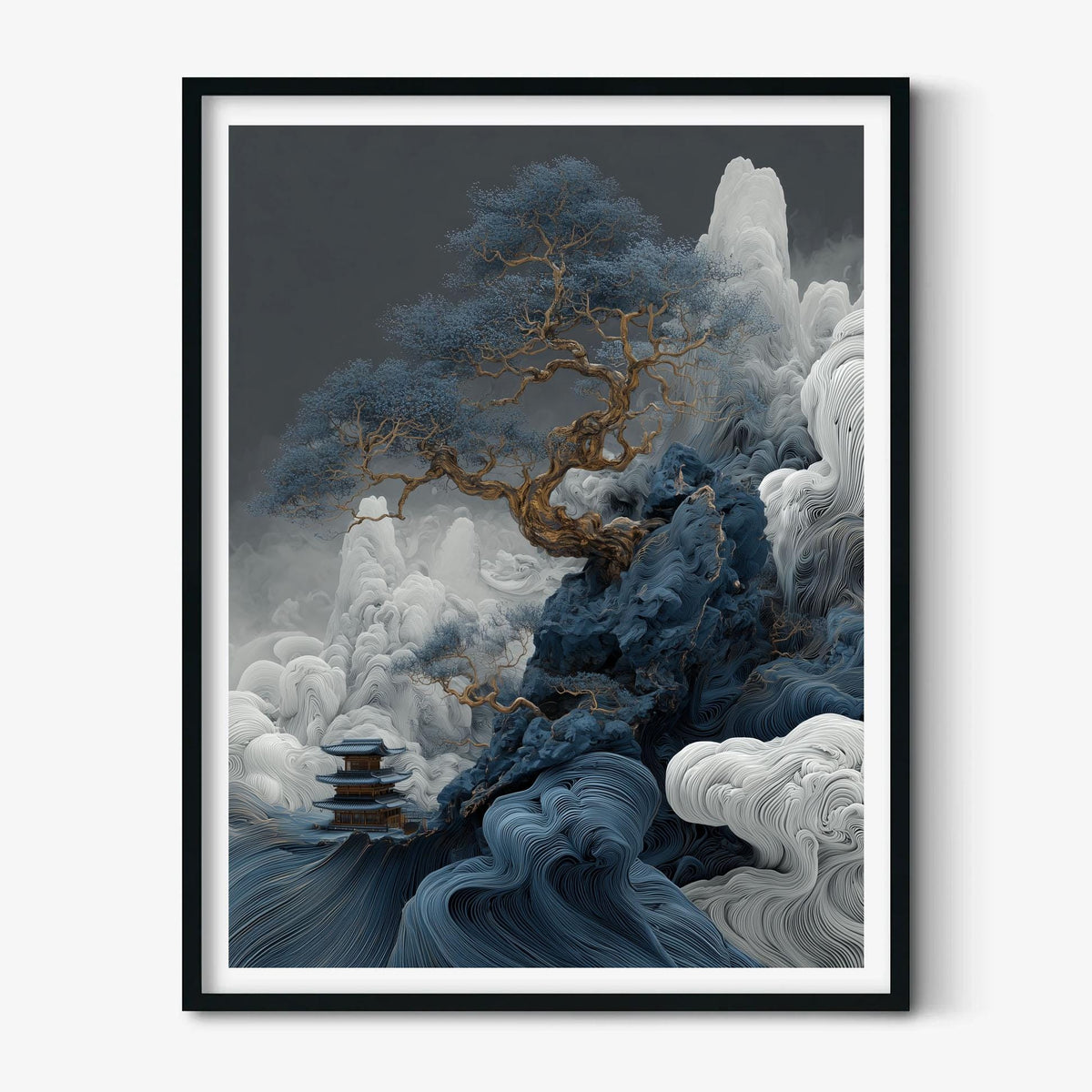Chinese Landscape Art Print, Blue Mountain Tree, Dramatic Wall Art