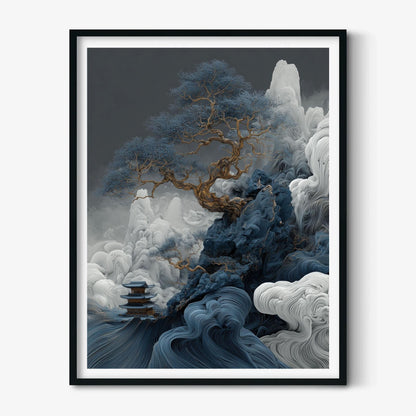 Chinese Landscape Art Print, Blue Mountain Tree, Dramatic Wall Art