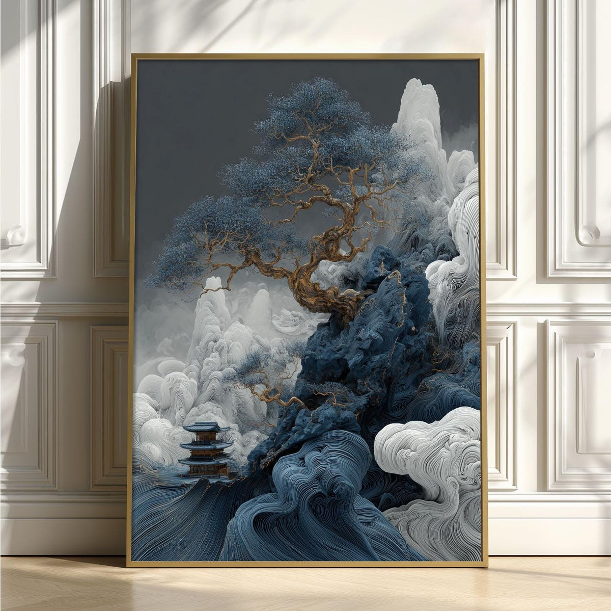 Chinese Landscape Art Print, Blue Mountain Tree, Dramatic Wall Art