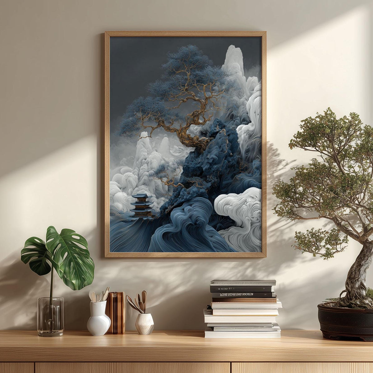 Chinese Landscape Art Print, Blue Mountain Tree, Dramatic Wall Art
