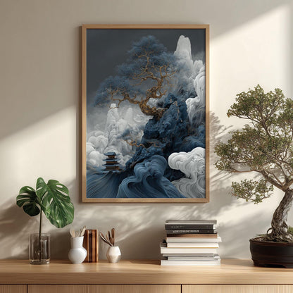 Chinese Landscape Art Print, Blue Mountain Tree, Dramatic Wall Art