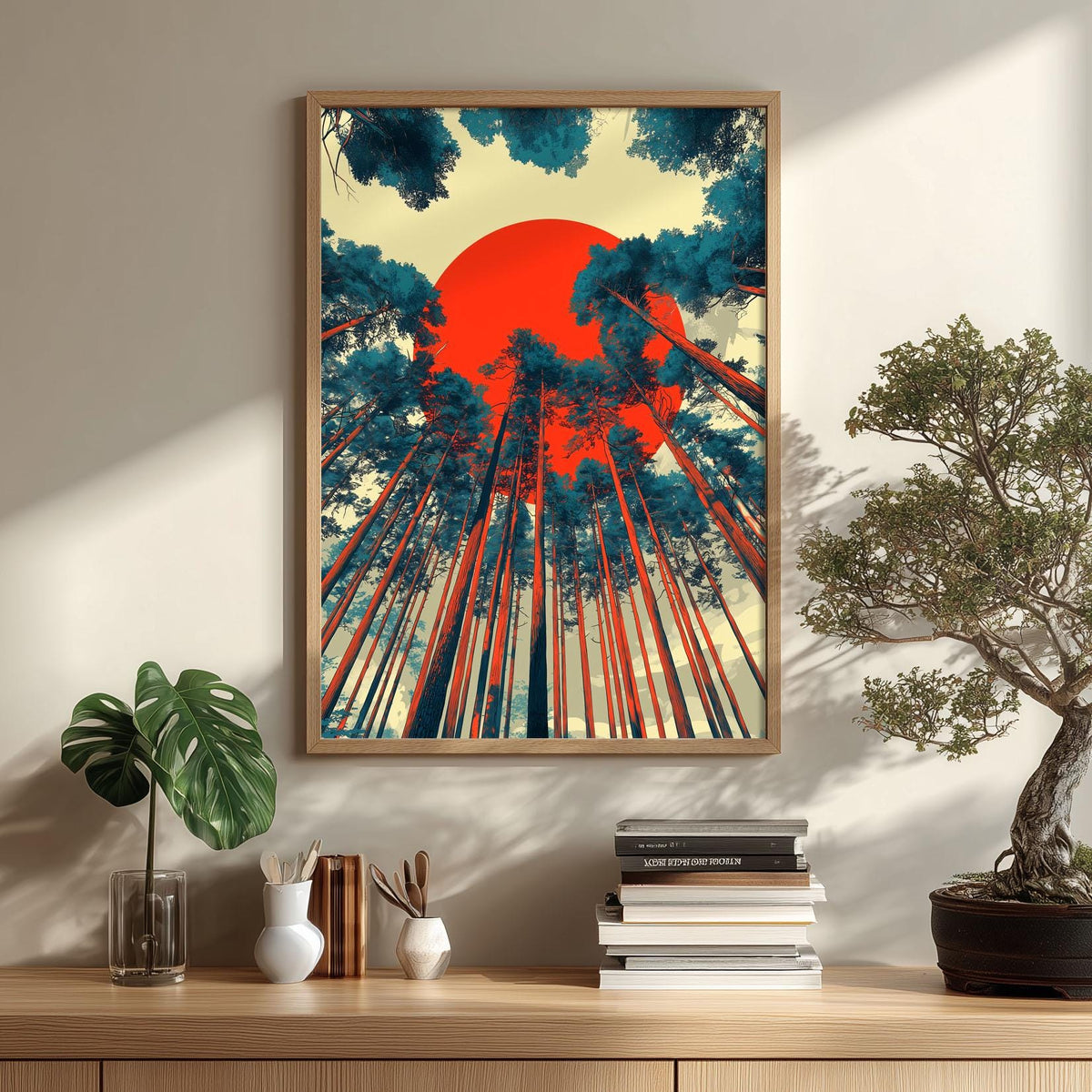 Forest Poster Print, Red Sun Graphic Illustration, Nordic Wall Art