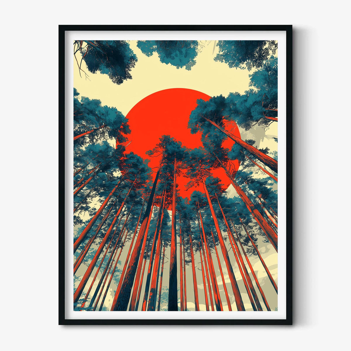 Forest Poster Print, Red Sun Graphic Illustration, Nordic Wall Art