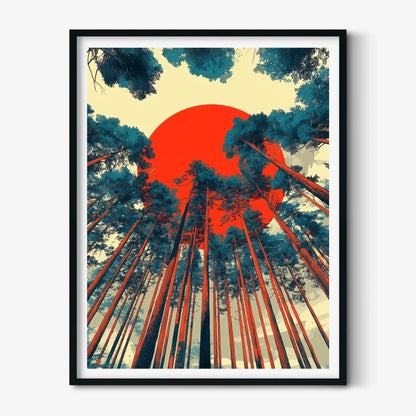 Forest Poster Print, Red Sun Graphic Illustration, Nordic Wall Art