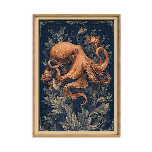 Octopus Art Print, Vintage Nautical Illustration, Dark Navy Wall Art