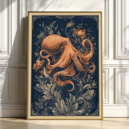 Octopus Art Print, Vintage Nautical Illustration, Dark Navy Wall Art