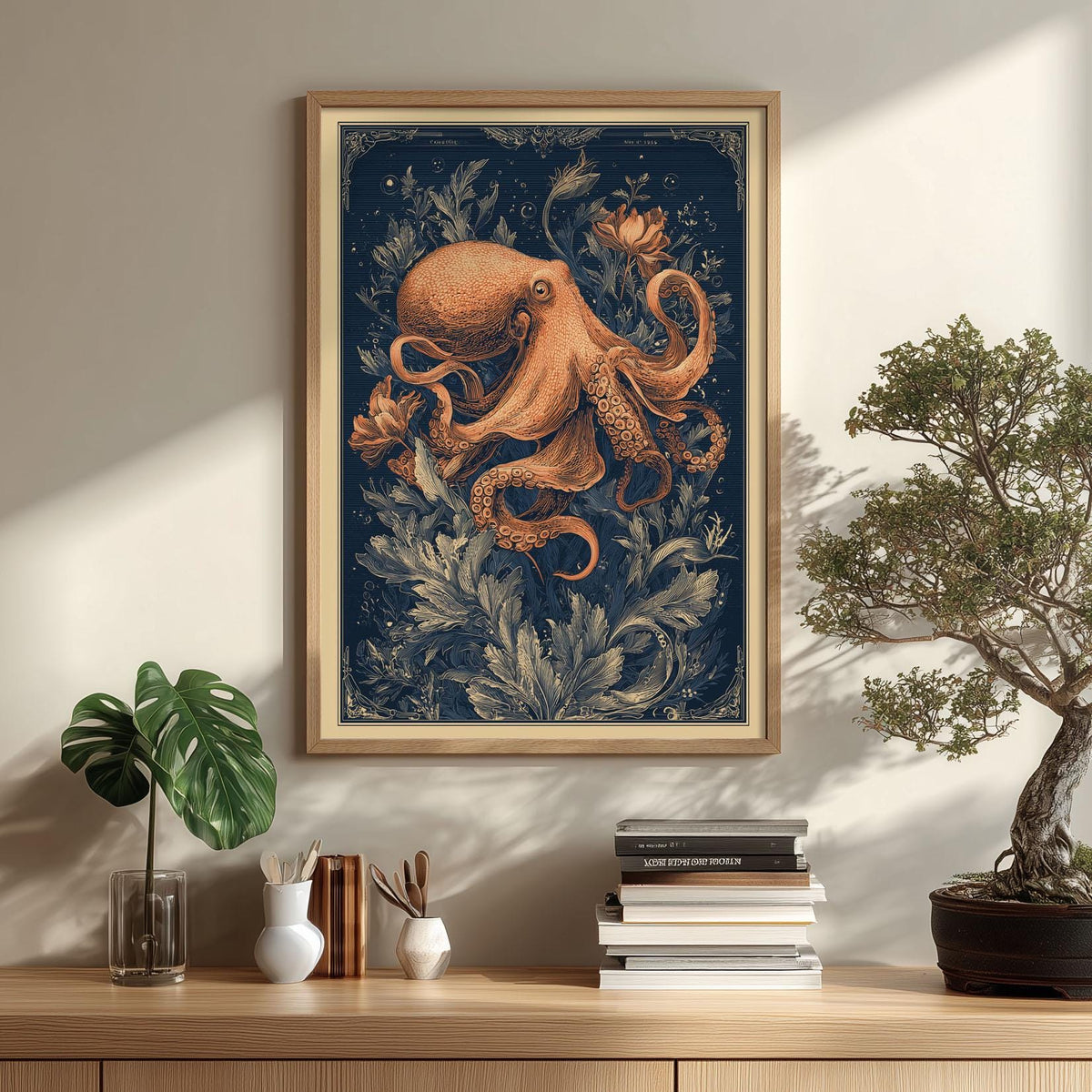 Octopus Art Print, Vintage Nautical Illustration, Dark Navy Wall Art