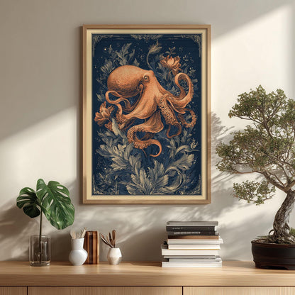 Octopus Art Print, Vintage Nautical Illustration, Dark Navy Wall Art