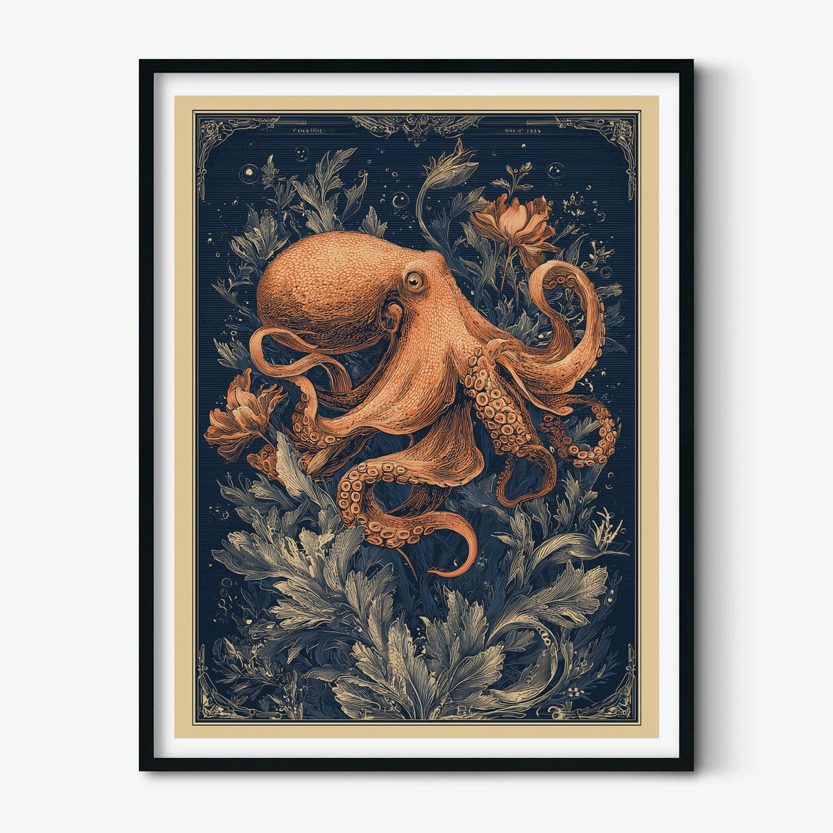 Octopus Art Print, Vintage Nautical Illustration, Dark Navy Wall Art