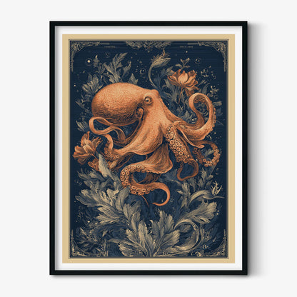 Octopus Art Print, Vintage Nautical Illustration, Dark Navy Wall Art