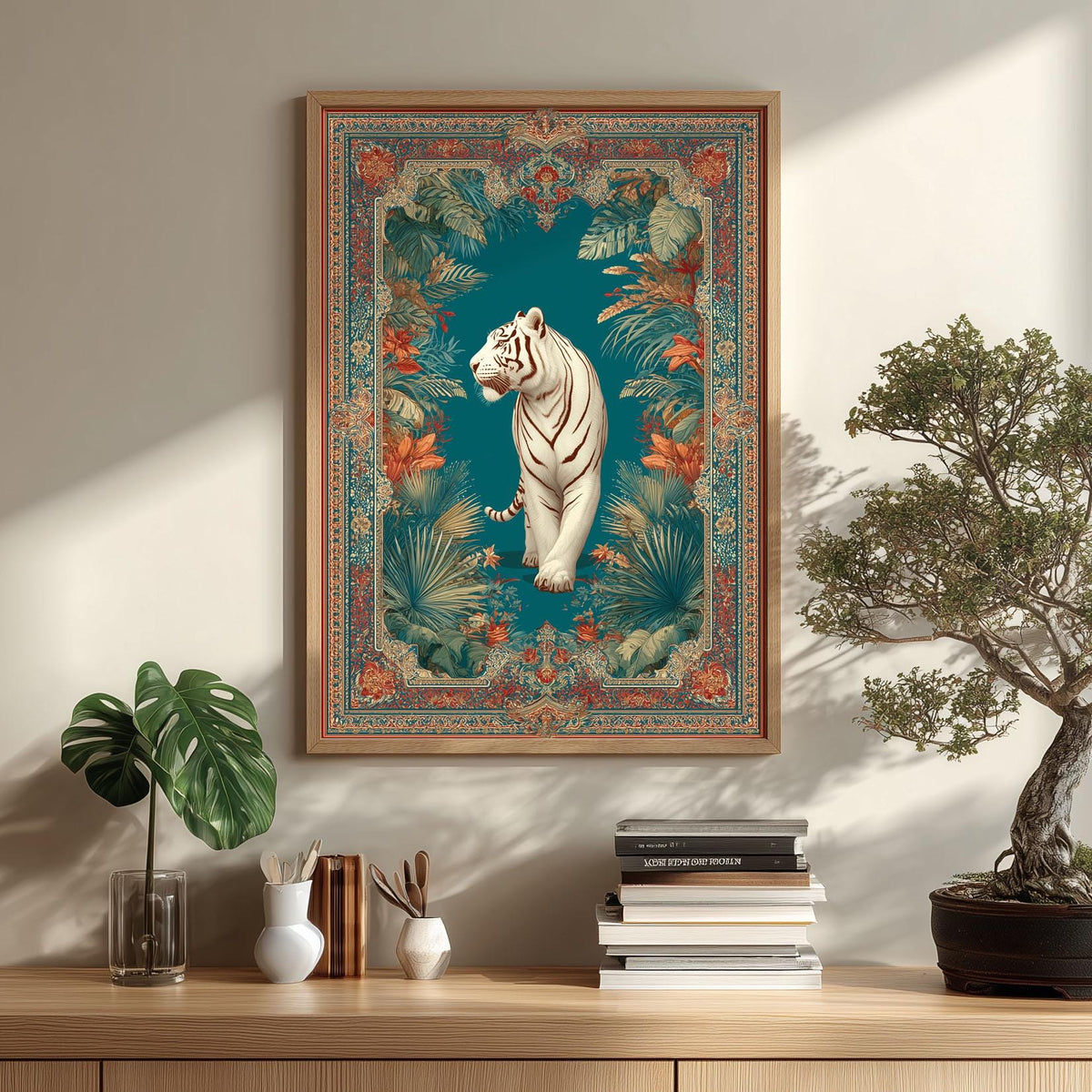 White Tiger Print, Ornate Jungle Decor, Teal Botanical Wall Art