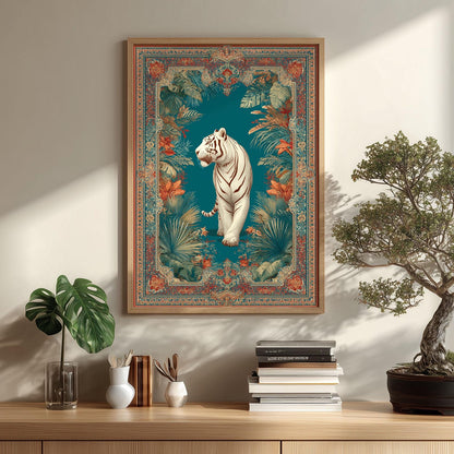 White Tiger Print, Ornate Jungle Decor, Teal Botanical Wall Art