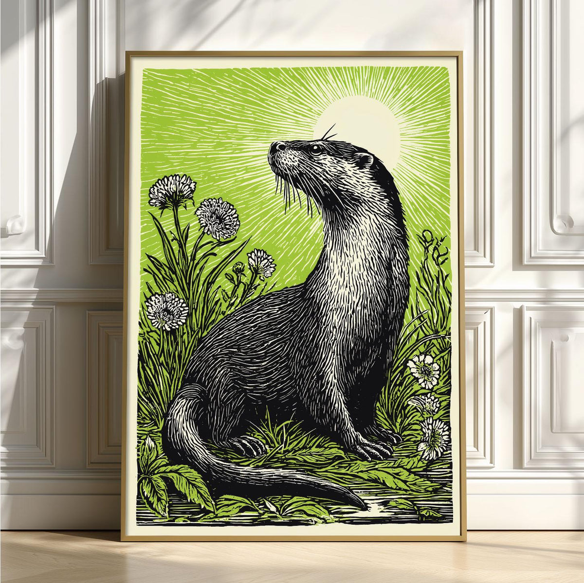 Otter Linocut Poster Print, Green Wildlife Illustration, Woodland Wall Art