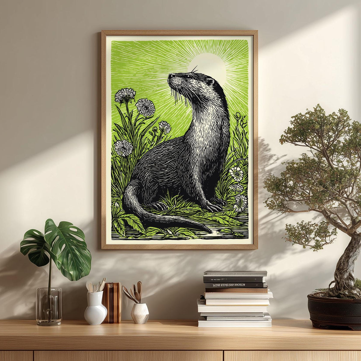 Otter Linocut Poster Print, Green Wildlife Illustration, Woodland Wall Art