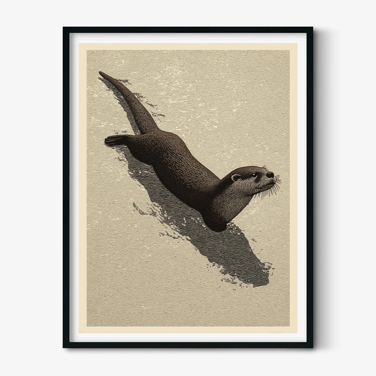 Swimming Otter Art Print, Japanese Minimal Wildlife, Neutral Wall Art