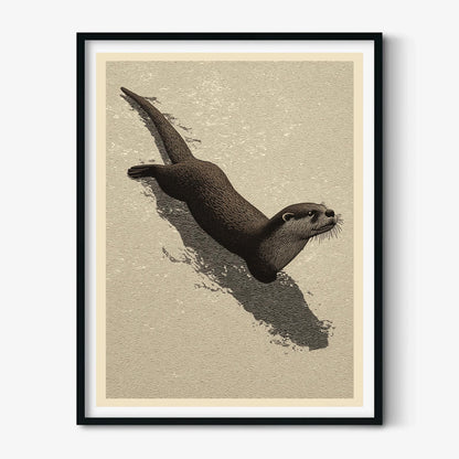 Swimming Otter Art Print, Japanese Minimal Wildlife, Neutral Wall Art