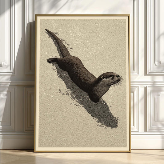 Swimming Otter Art Print, Japanese Minimal Wildlife, Neutral Wall Art