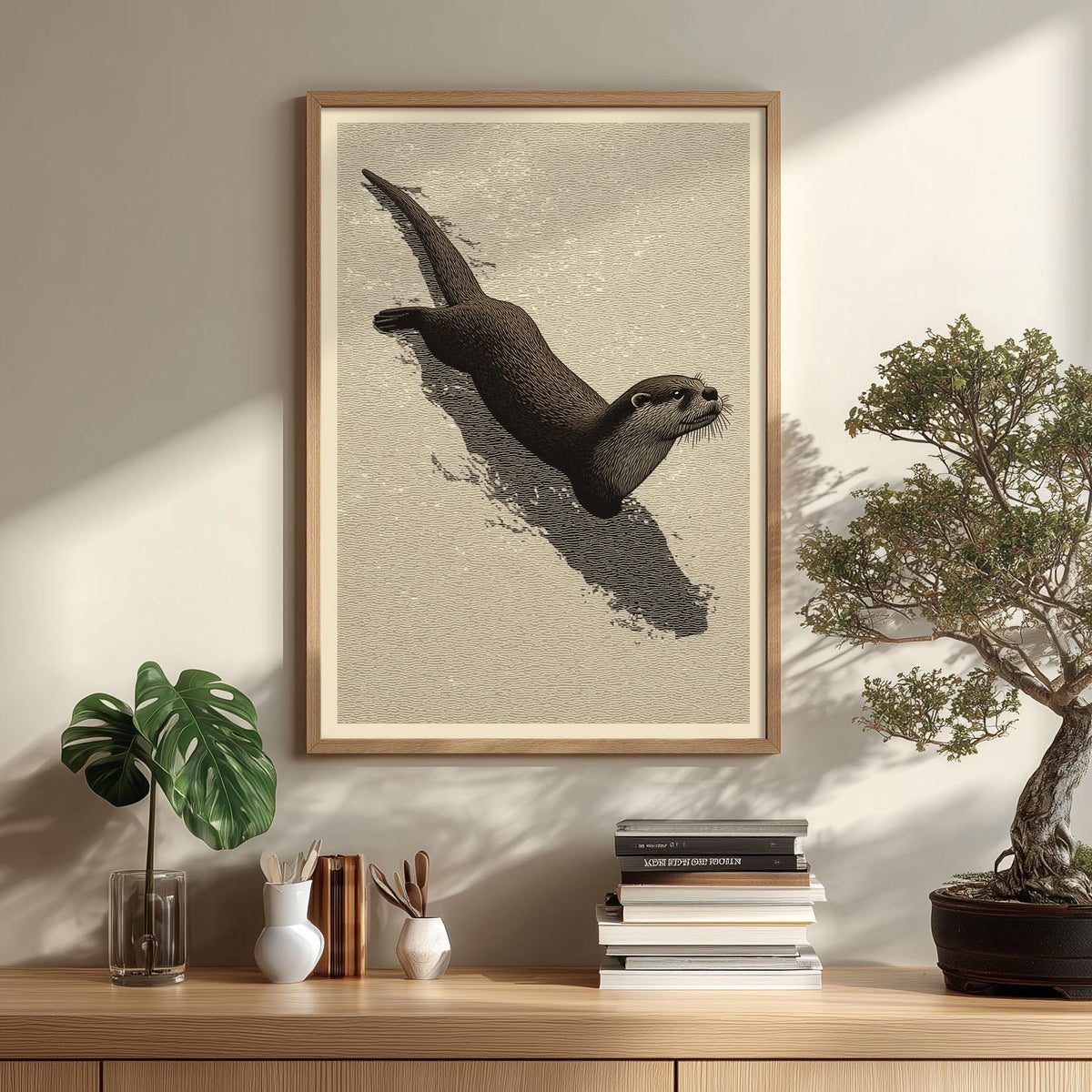 Swimming Otter Art Print, Japanese Minimal Wildlife, Neutral Wall Art