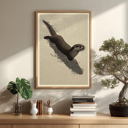 Swimming Otter Art Print, Japanese Minimal Wildlife, Neutral Wall Art