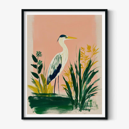 Heron Art Print, Pink Botanical Painting, Coastal Bird Wall Art