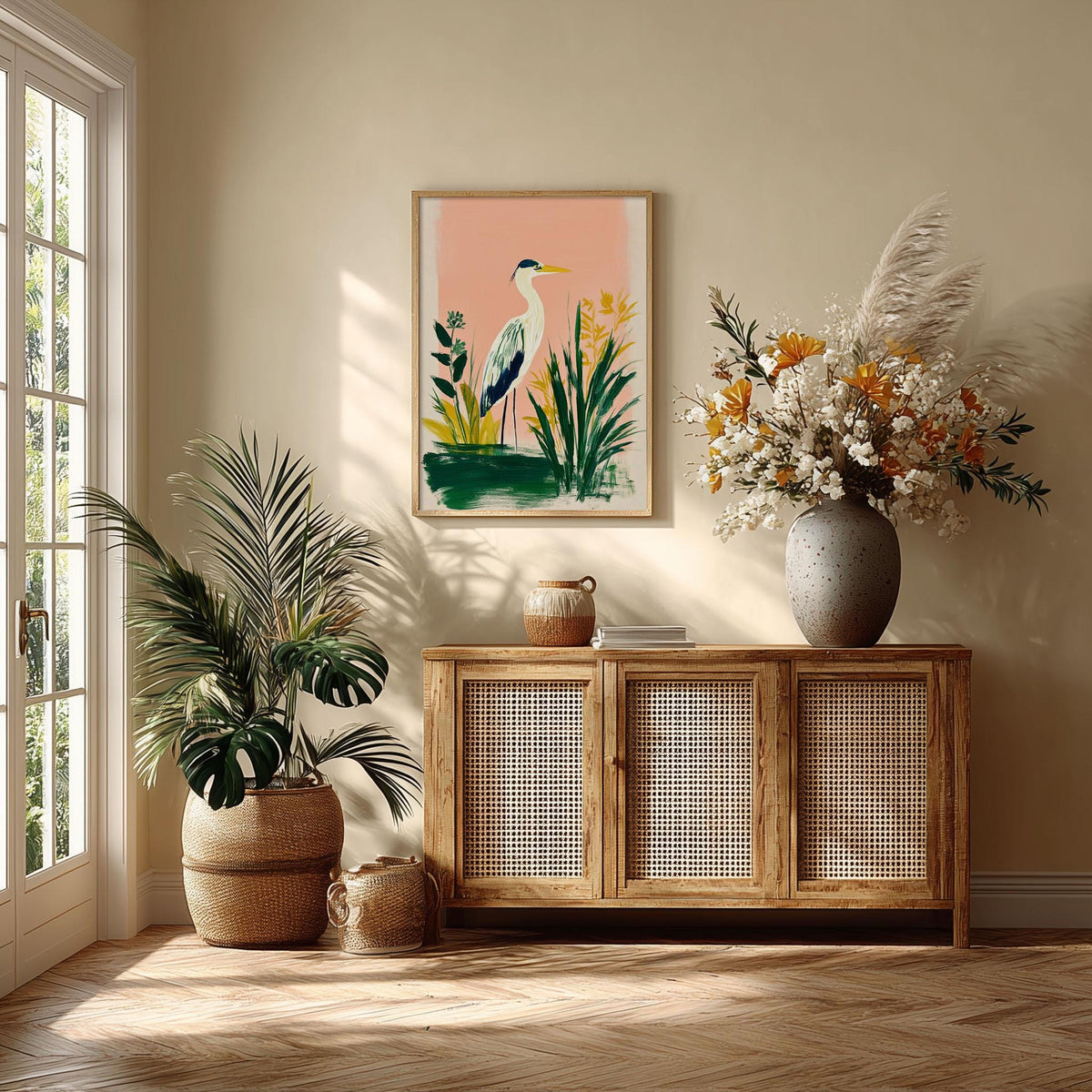 Heron Art Print, Pink Botanical Painting, Coastal Bird Wall Art