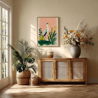 Heron Art Print, Pink Botanical Painting, Coastal Bird Wall Art