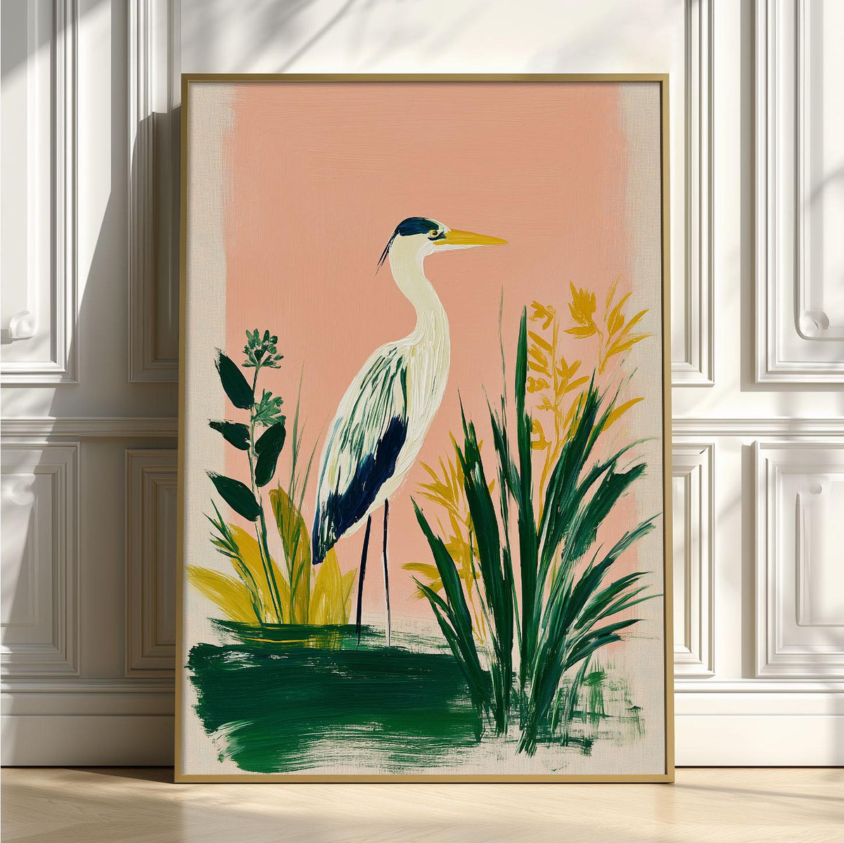 Heron Art Print, Pink Botanical Painting, Coastal Bird Wall Art