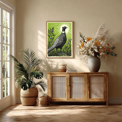 Pheasant Linocut Poster Print, Green Wildlife Illustration, Woodland Wall Art