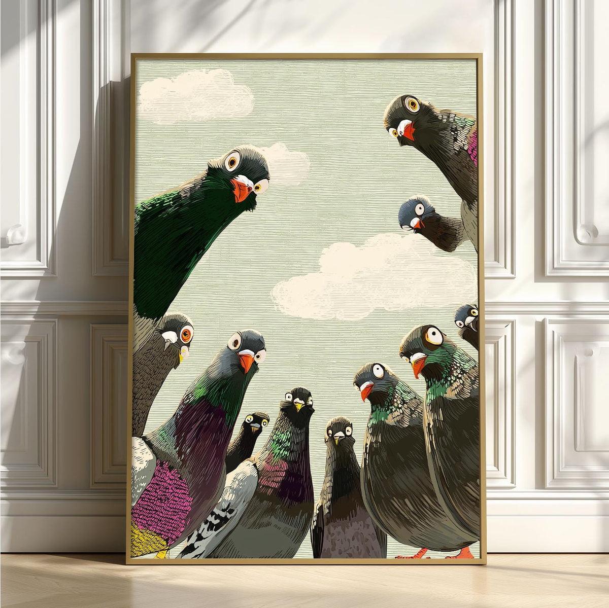 Curious Pigeon Wall Art Print, Quirky Bird Illustration, Funny Animal Decor