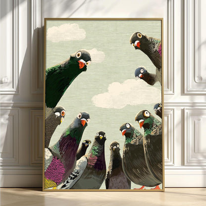 Curious Pigeon Wall Art Print, Quirky Bird Illustration, Funny Animal Decor